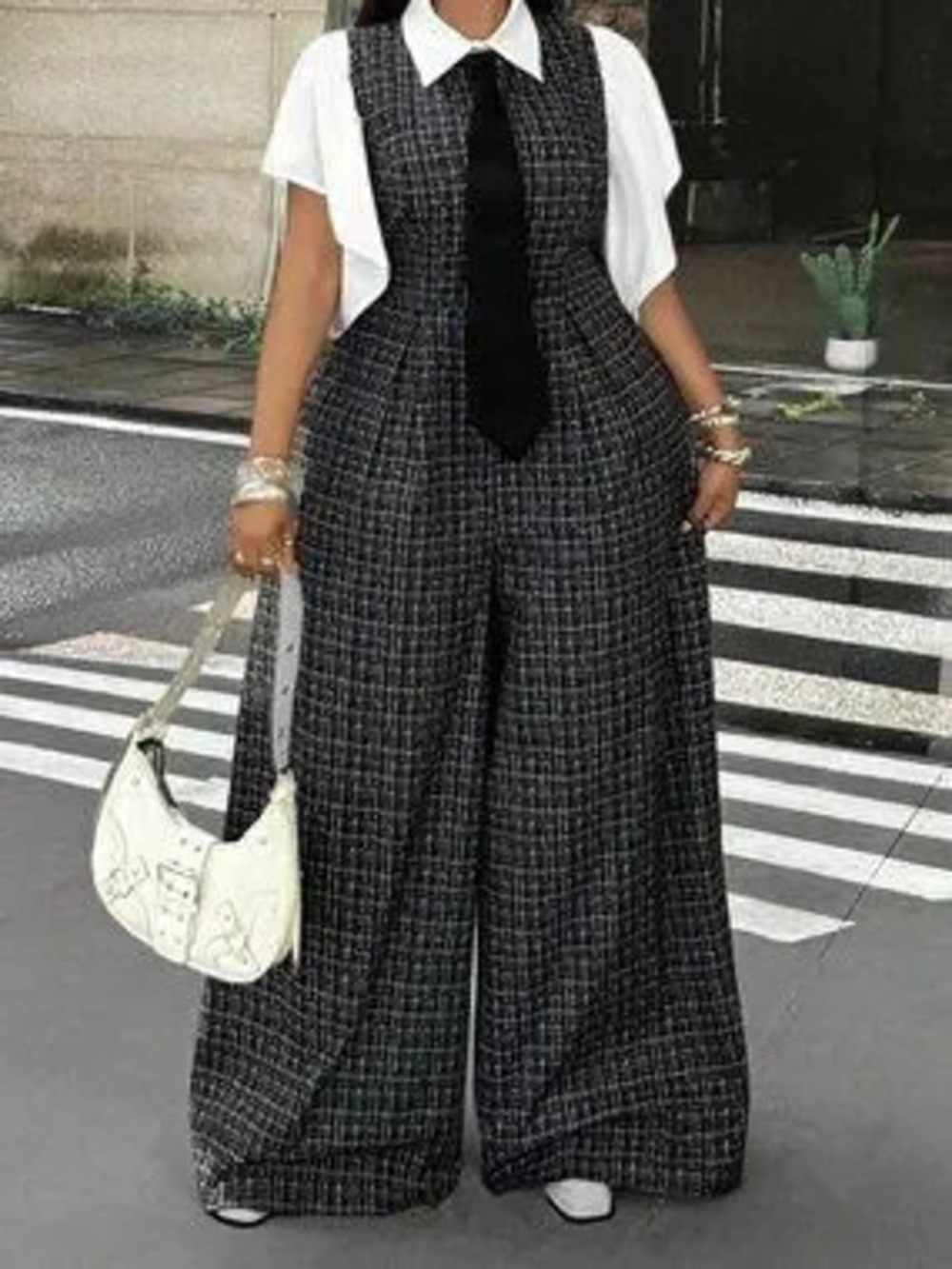 ZARA Black And White Elegant Women's Wide Leg Jumpsuit & Puff Sleeve Blouse Set